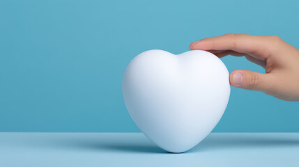 White heart shape object with hand touching it on blue background, symbolizing care and love in minimal style concept