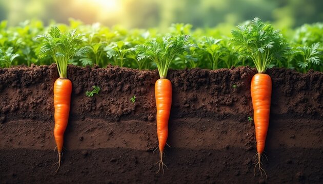 Cross section view of healthy soil with carrots growing underground. Roots visible in rich brown earth. Green foliage above ground, sun shining brightly.