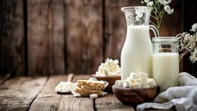 Natural dairy products on a wooden table create a cosy atmosphere, ideal for use as an atmospheric backdrop in culinary blogs.
