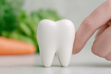 Close up of white tooth model with finger gently touching it, symbolizing dental care and oral health awareness in soft natural background