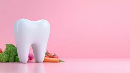 Healthy tooth model with fresh vegetables like broccoli, carrot, and tomato on pink background, symbolizing dental care and nutrition for strong teeth
