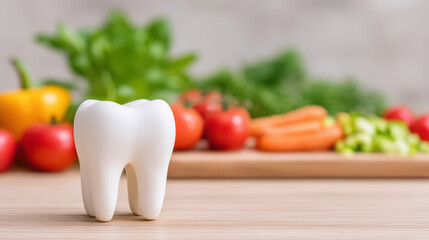 White tooth model with fresh vegetables in background healthy eating concept for dental care and nutrition focus on tooth with blurred colorful vegetables on wooden table