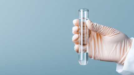 Scientist hand wearing glove holding clear test tube with liquid in laboratory environment with blue background, minimal style ultra clean medical laboratory bench