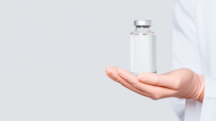 Medical vial held by gloved hand on light background, sterile healthcare concept with clean minimal style and realistic details