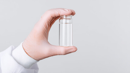 Clear liquid vial held by hand with pink glove on white background, medical or laboratory concept with minimal style and clean healthcare environment