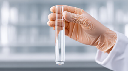 Scientist hand holding clear liquid in test tube with glove in laboratory environment for research and experiment