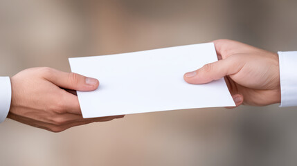 Two hands exchanging blank white envelope in close up view, symbolizing communication or delivery with neutral background