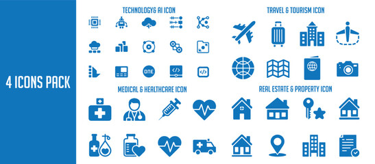Comprehensive set of blue minimalist icons for technology, medicine, travel and real estate industries.