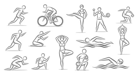 Fototapeta premium active lifestyle stick figure line art vector icons featuring diverse sports and fitness activities for health and wellness design projects