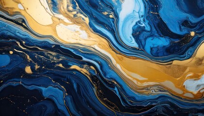 Abstract Fluid Art - Blue and Gold Swirls of Color and Texture.
