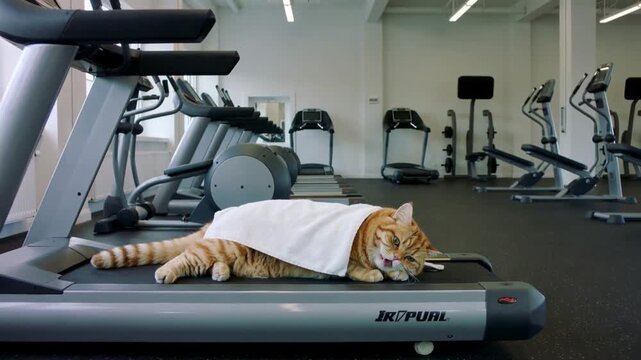Ginger tabby cat resting on treadmill with white towel. Exhausted feline lying down in modern fitness center. Panning wide shot.