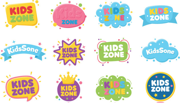Kids zone logo collection with colorful playful badges for children entertainment education branding vector illustration design set modern