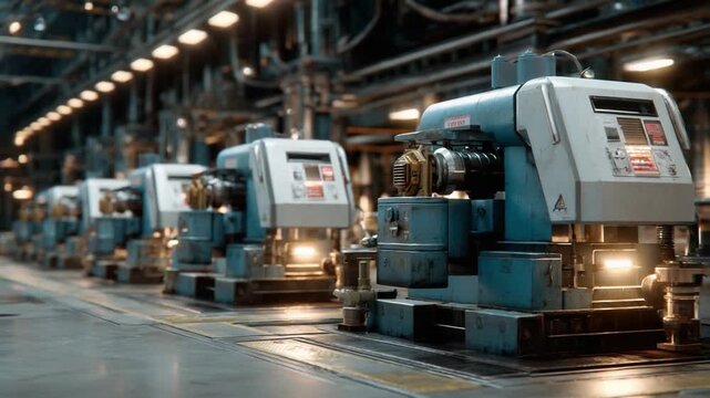 Machines in Operation: A close-up view of the industry, revealing a row of industrial machines actively engaged in their tasks, their intricate mechanisms at work.