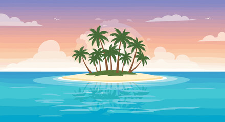 Obraz premium Beautiful tropical island with green palm trees on a sandy beach at sunset overlooking the calm blue sea for vacation.