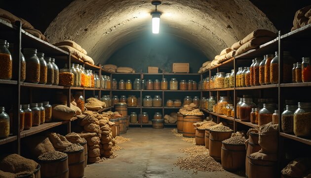 Underground bunker stocked with jars of food and sacks of grain. Supplies stored for survival in a safe place. Long term food storage solution for disaster preparedness.