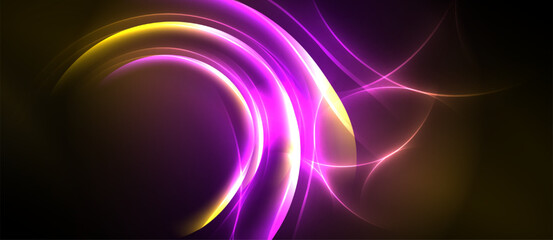 Obraz premium Abstract swirls, vibrant colors blend. Purple, gold radiate from darkness. Dynamic energy, smooth curves create visual impact.