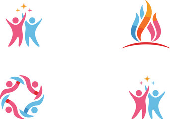 Naklejka premium People community logo set with abstract human figures fire and unity symbols for charity teamwork branding vector illustration