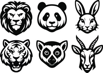 Obraz premium A collection of six distinct animal head illustrations in a bold black and white style