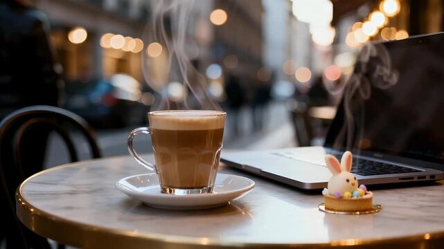 Easter Day Steaming Cup of Coffee on a Marble Table at an Outdoor Cafe with a Laptop and Bunny Decoration in a Blurred City Background