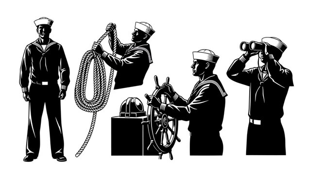 Sailors performing various tasks on deck, using ropes, binoculars, and machinery in a monochrome illustration.