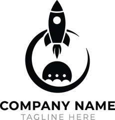 Rocket launch logo with planet and moon shape for startup technology business branding vector illustration modern minimal design