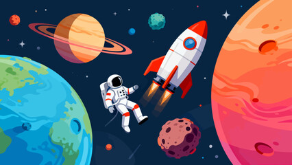 Astronaut in space with rocket and planets © Bo