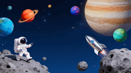 Astronaut on asteroid with rocket and planets © Bo