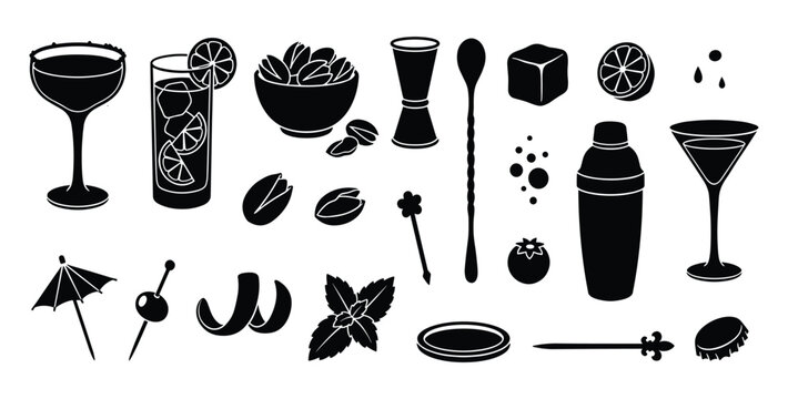 Assortment of cocktail ingredients and bar tools on a transparent background