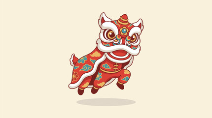 Fototapeta premium Cute cartoon Chinese lion dance illustration in a dynamic pose, celebrating traditional culture and festive events.