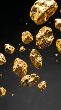 Gold rocks and specks floating on a grey background. Vertical design of growth precious metal mining and wealth concept for financial industry visualization.