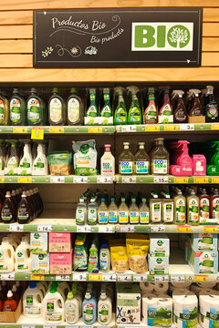 Finestrat, Spain - January 23, 2026: Bio products section in a Carrefour store with organic laundry and eco-friendly cleaning products.
