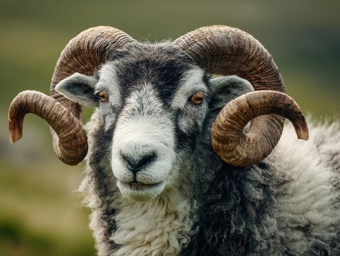 closeup of a majestic swaledale ram with distinctive curly horns standing gracefully in a picturesque meadow during the summer season authentic breed from the yorkshire dales uk ample space for text 