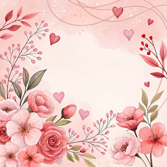 Valentine&rsquo;s Day floral frame with soft pink flowers and hearts, pastel background, elegant copy space