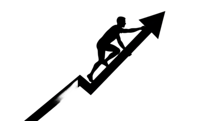 Man climbing up arrow chart, symbolizing growth and success