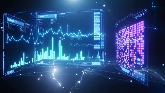 Holographic market analytics dashboard with fluctuating statistics. Digital interface showing financial growth patterns.