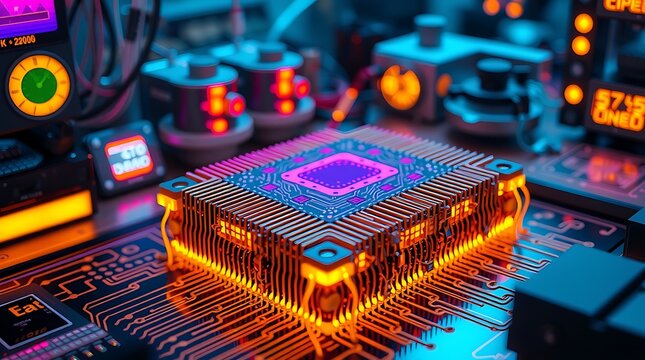 A glowing square chip with heat sinks in a futuristic electronic lab filled with neon instruments.