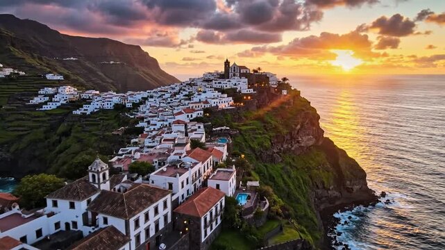 Aerial dolly in revealing Taganana coastal village on top of hill under magical sunset sunlight