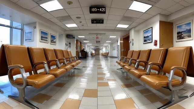 Spacious Waiting Area: A bright and inviting waiting area features rows of comfortable seating, leading to a hallway with artwork, creating a sense of calm and anticipation.
