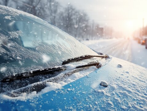 snow removal from a blue car windshield in winter weather morning maintenance and snowy transportation scene photo