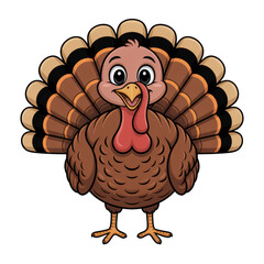A cute cartoon turkey bird with large colorful fan tail and big eyes... isolated on a transparent background