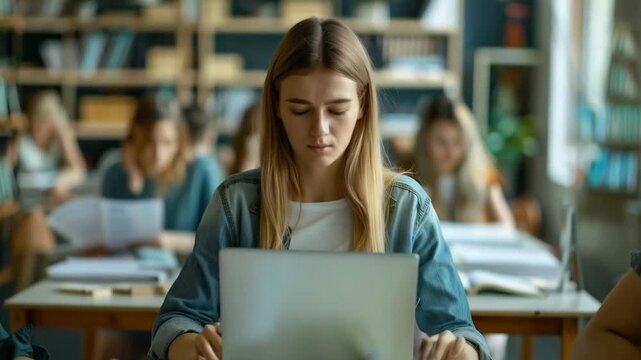 A student in the library, concentrating on her laptop among textbooks, embodying diligence and modern education, will be a good backdrop for advertising online courses or educational institutions.
