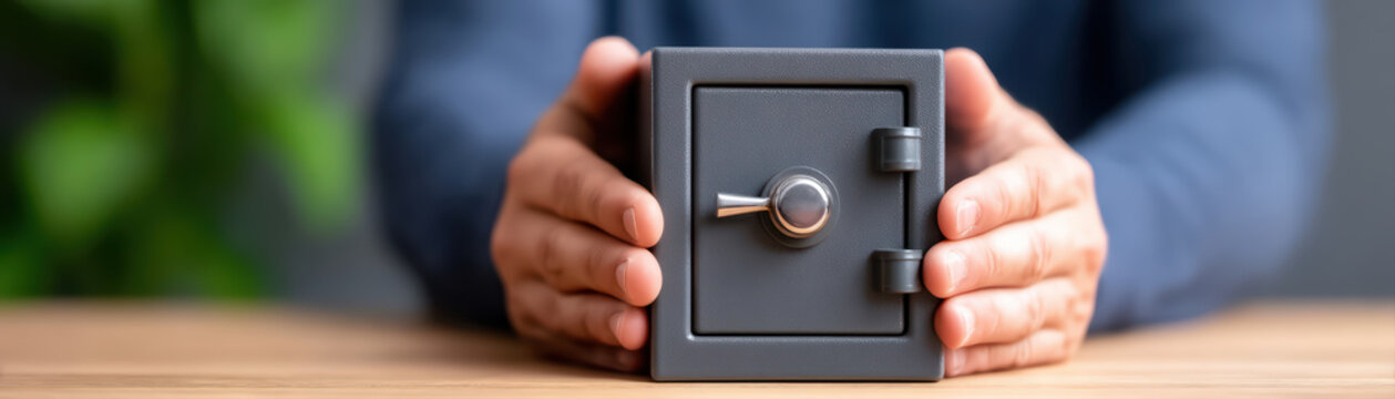 Small safe box hands security protection metal lock close up minimal style personal safe safety secure privacy finance money valuables storage business office wooden table person adult caucasian