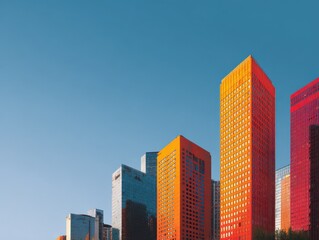 urban landscape with a cluster of modern skyscrapers under a clear blue sky the buildings feature varied hues including a striking orange tower standing out against the backdrop of two deep red struc