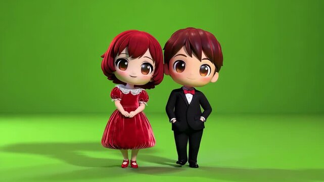 Cute chibi characters in formal attire on green background