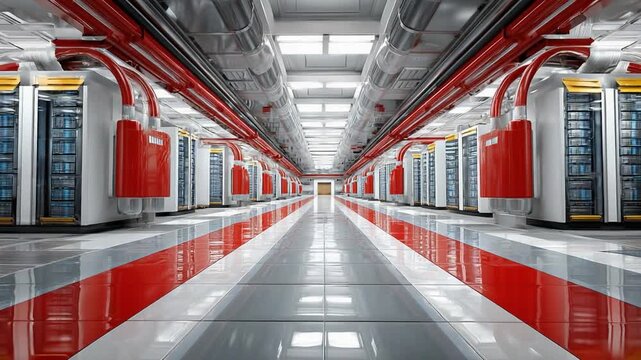 Digital Fortress: An expansive, meticulously designed data center hallway, adorned with rows of servers and a symphony of pipes and wires, reflects the high-tech heart of the digital age. 