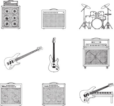 Collection of musical equipment with different sizes and designs displayed neatly, showcasing the intricate details of instruments and amplification devices, ready to set the stage ablaze.