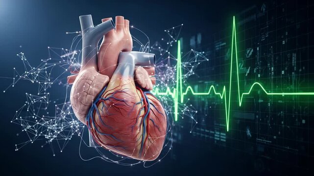 Anatomically correct human heart with veins and arteries on dark background with ecg and network