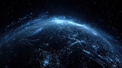 Obraz premium Earth transformed into glowing network hub, sci-fi minimal style, monochrome blue, 3D conceptual render.