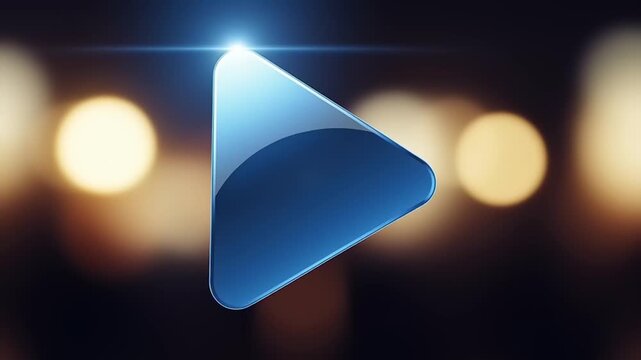 Blue Play Button Rotating on Dark Background.