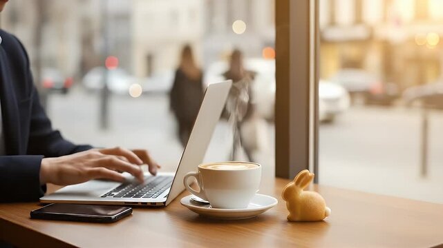 Easter Day Cafe Scene with a Person Working on a Laptop, Coffee Cup, and Rabbit Figurine by the Window